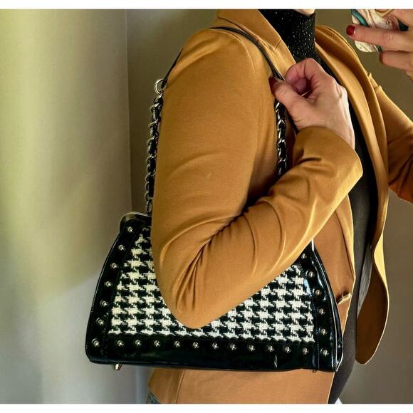 Vintage RARE Trina Turk Black & White Hounds tooth Metal Frame Studded Purse/Bag - Picture 1 of 17